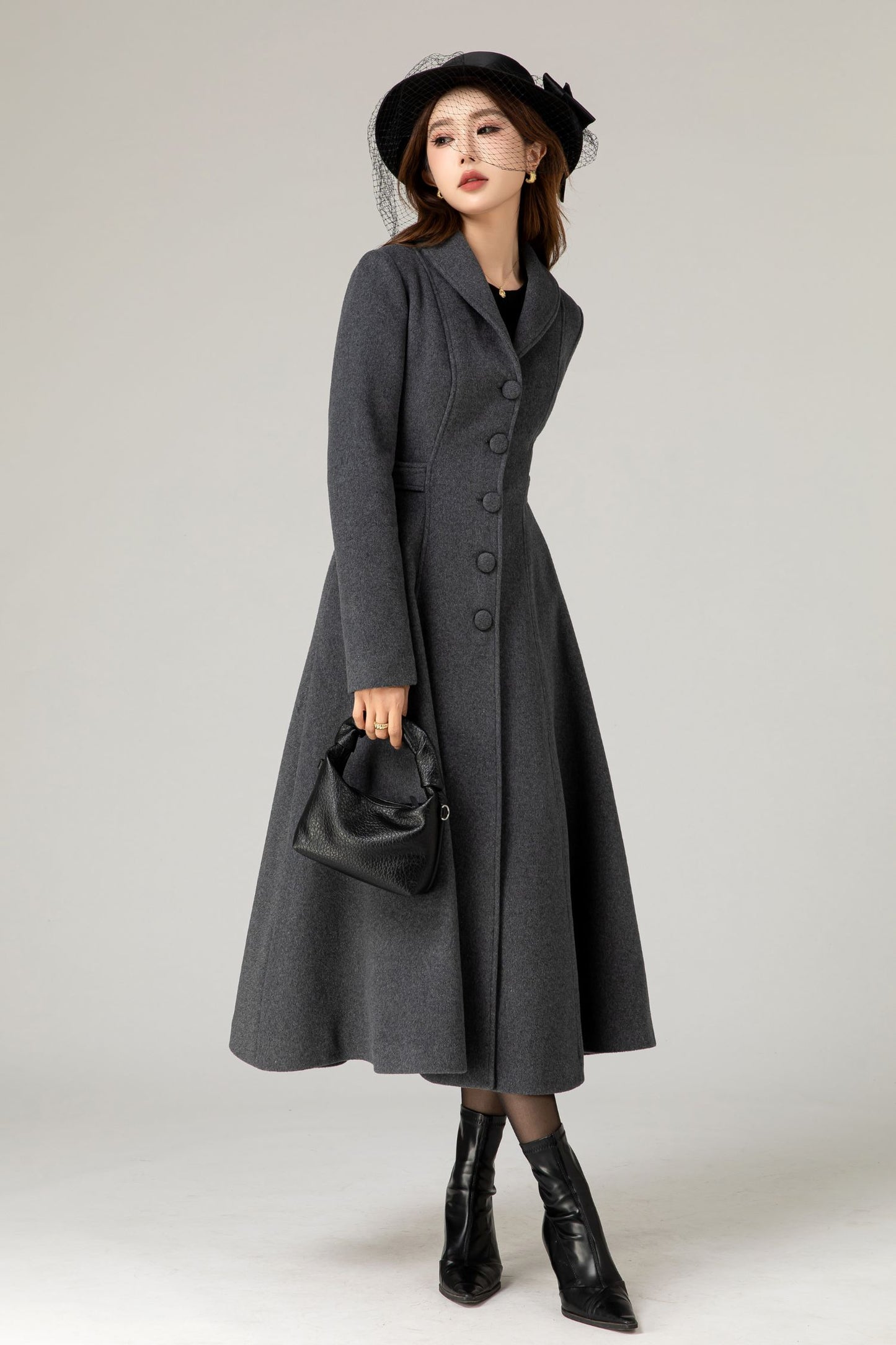 Gray winter long wool coat with pockets 5479