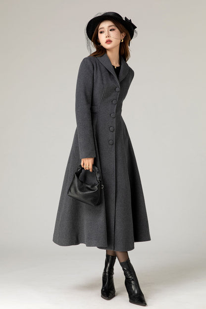 Handmade Charcoal Grey Wool Coat – Vintage Tailored A-line Long Winter Overcoat | Xiaolizi  5479
