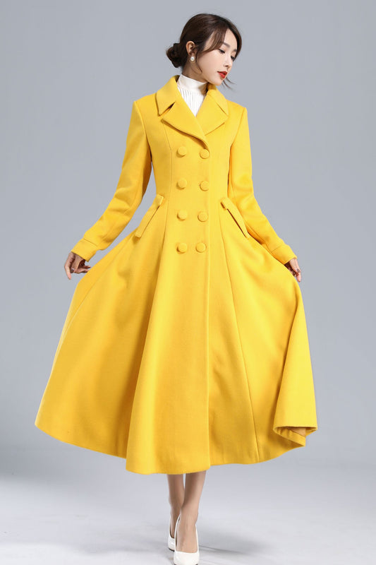 Bright yellow wool coat for women, winter fashion overcoat