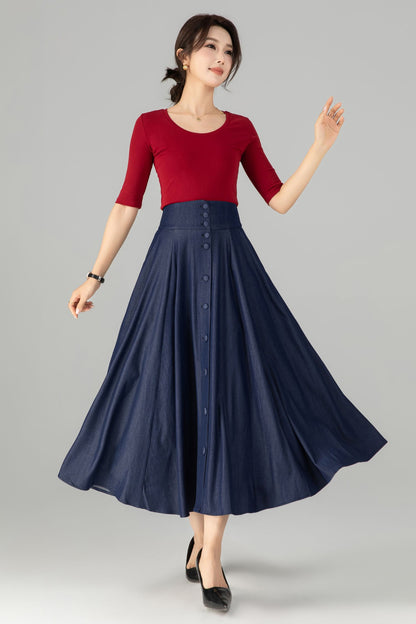 Navy Cotton Denim Midi Skirt - A-Line High Waist Button Front 6143