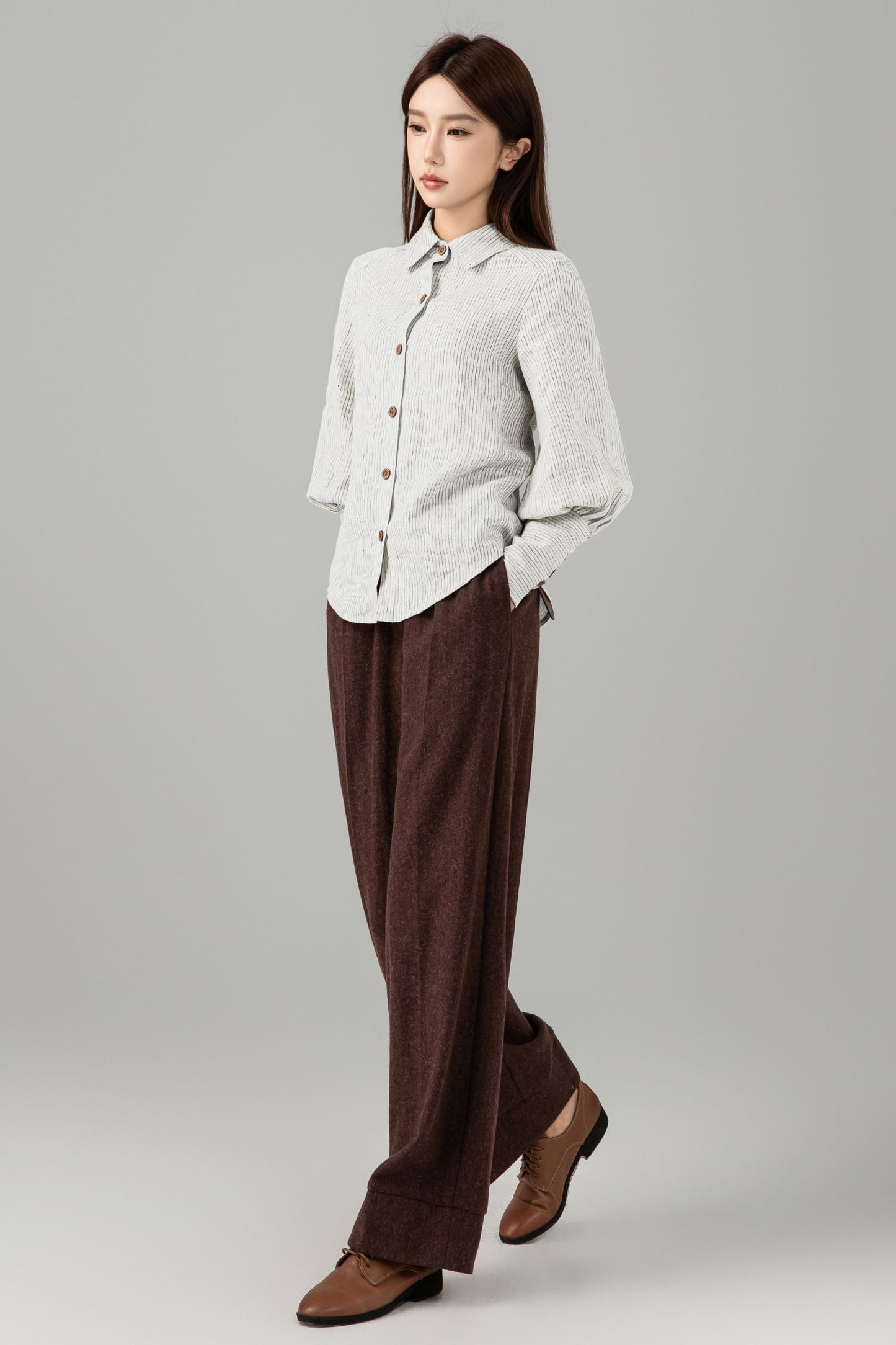 Striped Linen Blouse - Button Down Puff Sleeve | Xiaolizi 6755