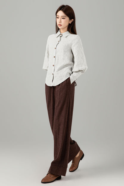 Striped Linen Blouse - Button Down Puff Sleeve | Xiaolizi 6755