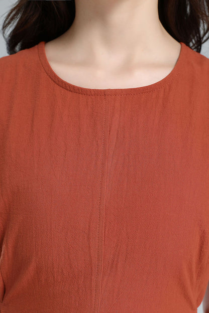 Orange Linen Blend Sleeveless Midi Dress - A-Line Silhouette with Belt 3617