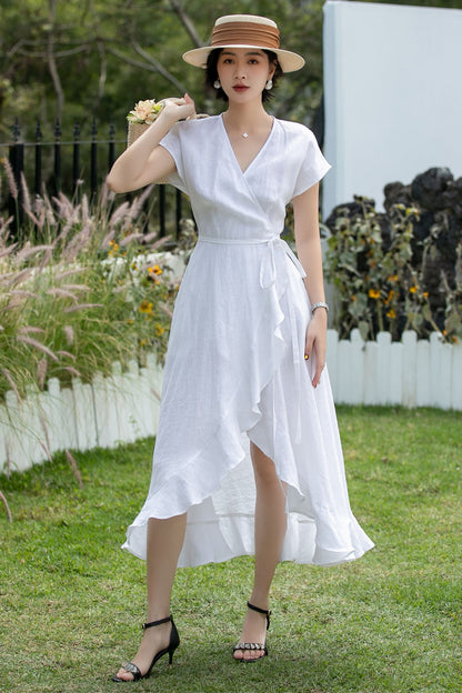 White Linen Wrap Dress - V-Neck Ruffle Hem | Xiaolizi 6743
