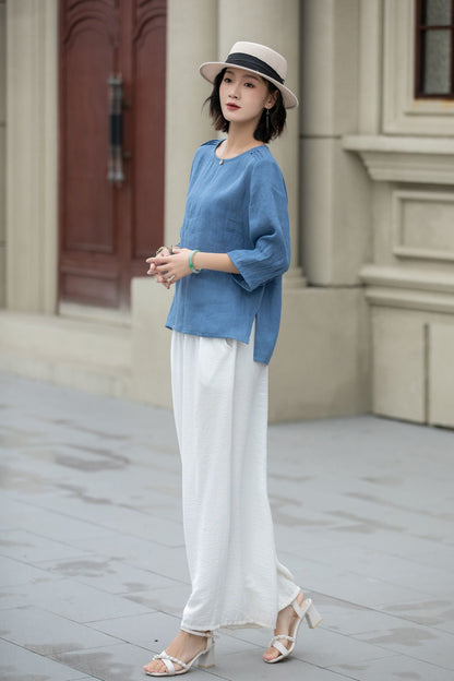 Blue summer linen top blouse 5221