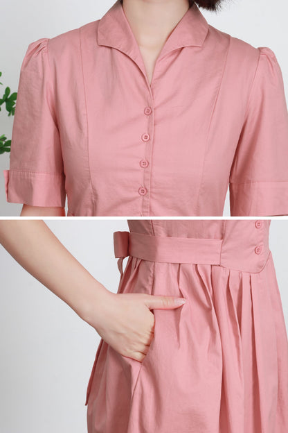 Pink Linen Cotton Midi Dress - Fit and Flare, Pleated Waist 5734