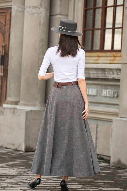 Gray A line High waist Linen Maxi Skirt with Pockets  2782