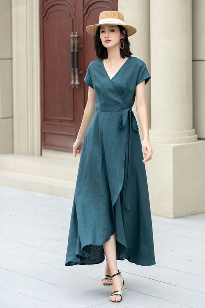 Short sleeve Green Linen Wrap dress 5142