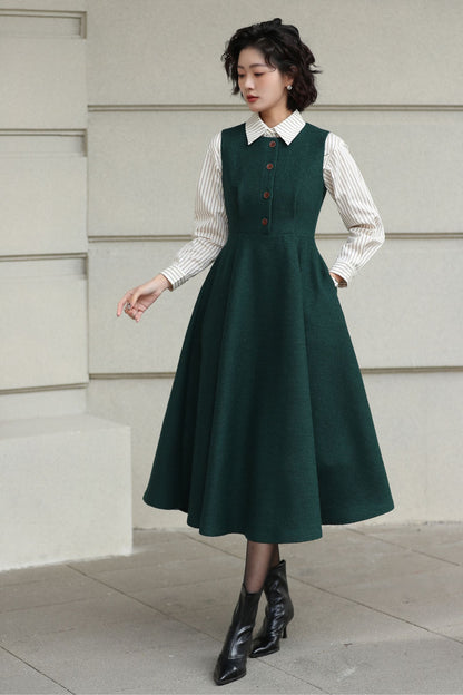Handmade Vintage Wool Dress – Green Sleeveless A-Line Midi Winter Dress 6615