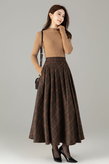 Handmade Wool Blend Plaid Skirt – Vintage Long A-Line Maxi for Autumn Winter 6505