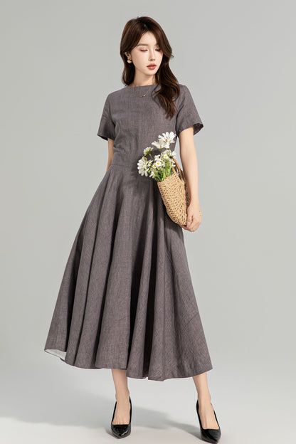 Cottagecore Linen Midi Dress with Pockets – Vintage Fit and Flare Summer Dress 4960