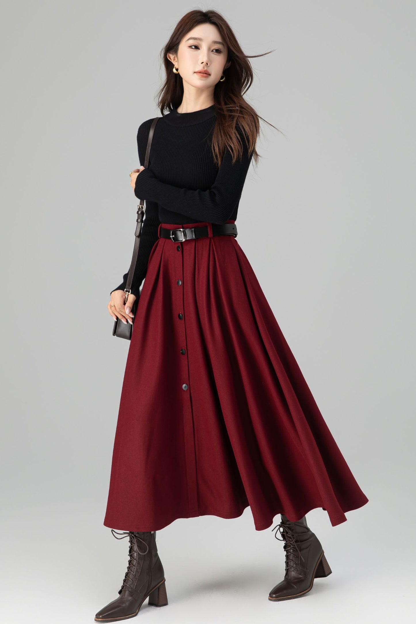 Burgundy Wool Midi Skirt – Vintage Button Front High Waisted Winter Skirt with Pockets 6395