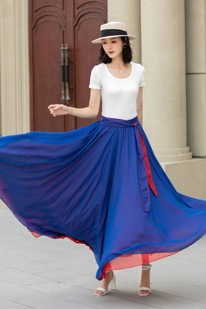 Red Chiffon Ankle-Length Skirt - Elastic Waist with Belt 5108