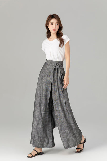 Gray Linen Cotton Wide Leg Wrap Pants - Asymmetrical Ankle | Xiaolizi 4938