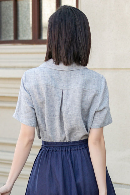 Light Grey Linen Blouse - Short Sleeve, Button-Up Shirt 4920