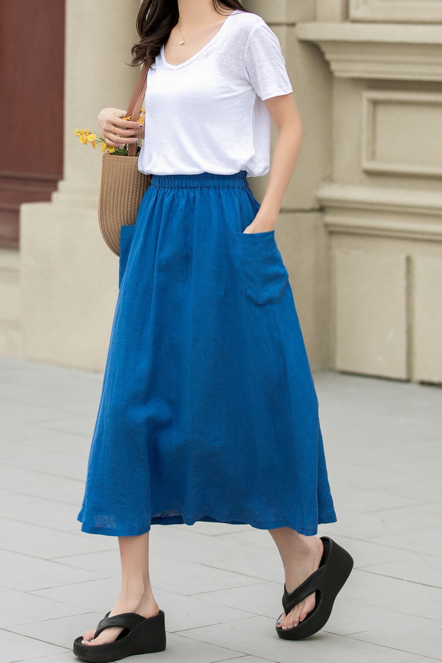 A line blue summer midi skirt with pockets 4956