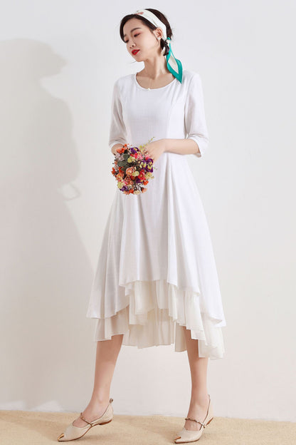 White Linen Summer High-Low Dress with Flowy Hem 2517