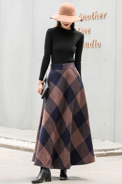Plaid Wool Maxi Skirt - Vintage Inspired Pleated Circle 2837