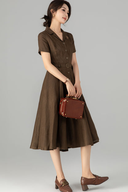 Coffee Linen Dress - Retro Midi Shirt Dress with Belted Waist 5711