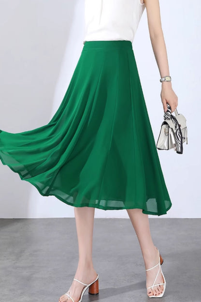 Green Chiffon A-Line Midi Skirt - Flowy Swing Silhouette 6129