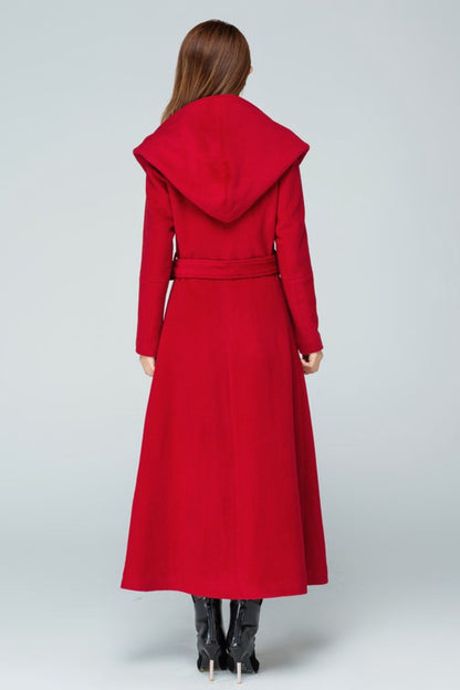 Red Wool Long Trench Coat - Hooded Double Breasted with Tie Belt 1602