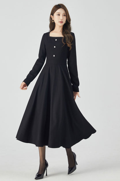 Long sleeves black midi wool dress 4521