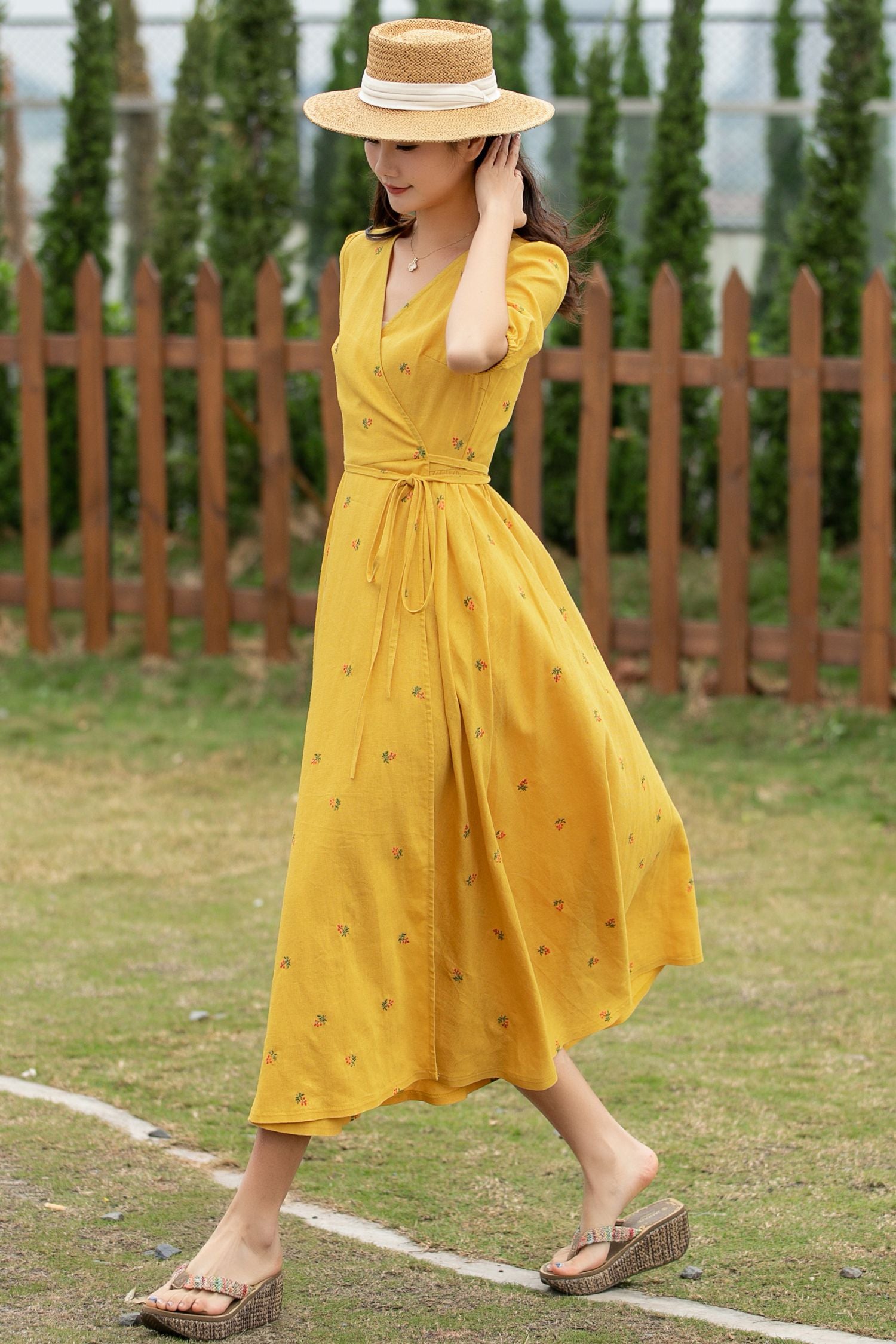 Yellow Linen Wrap Midi Dress with Floral Embroidery
