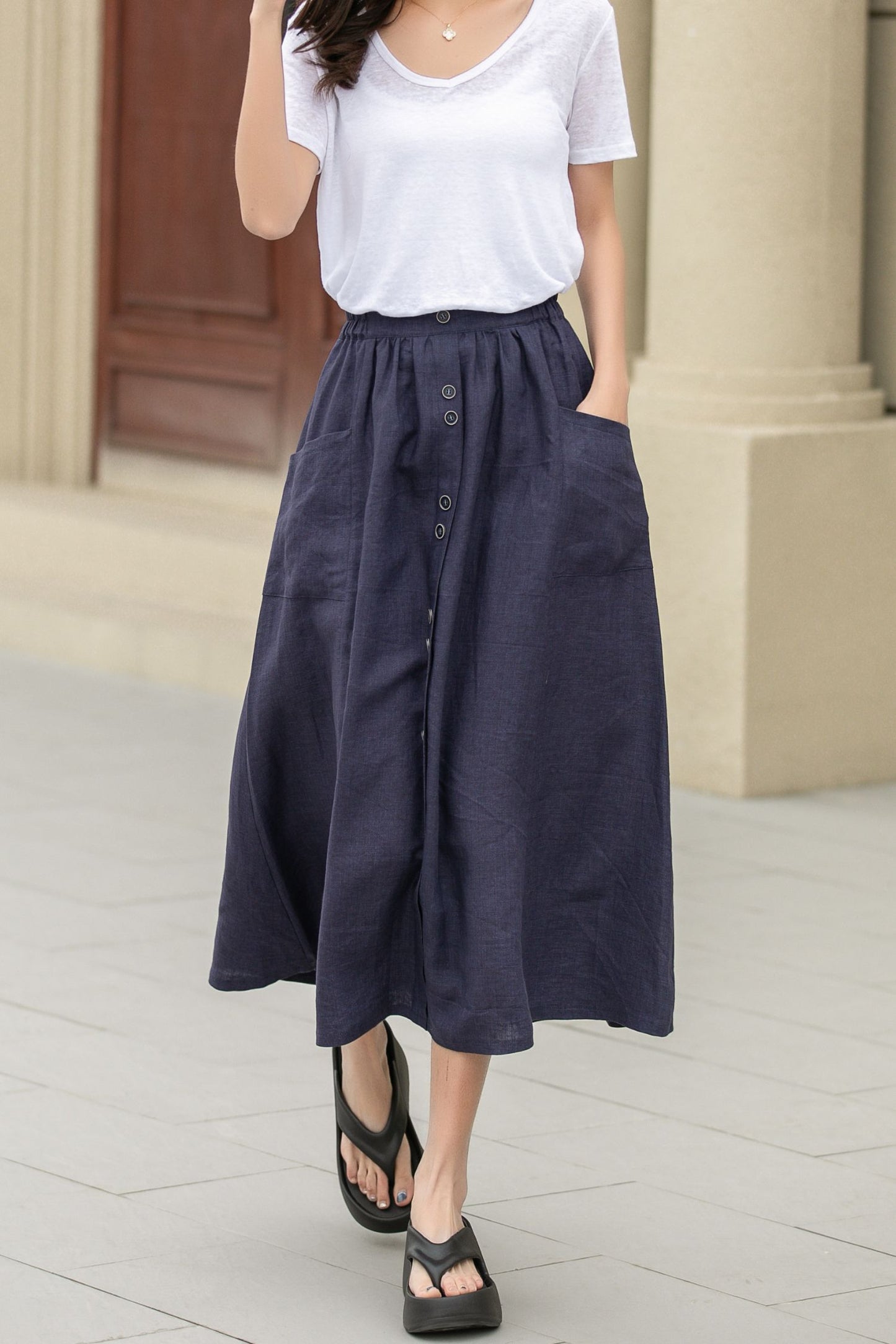 Button up midi summer linen skirt 4944