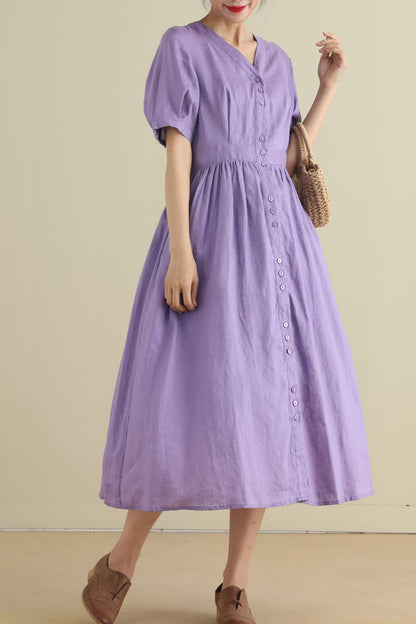 Button up purple midi linen dresses 2796