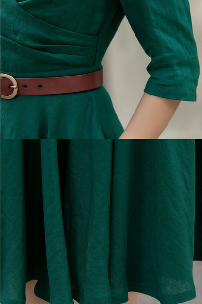 Green Linen Midi Dress - A-Line Flowy Elegance 5677
