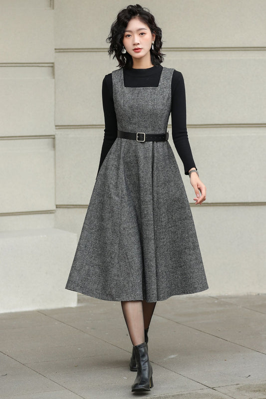 Handmade Wool Pinafore Dress – Gray Sleeveless Midi for Autumn Winter 6418