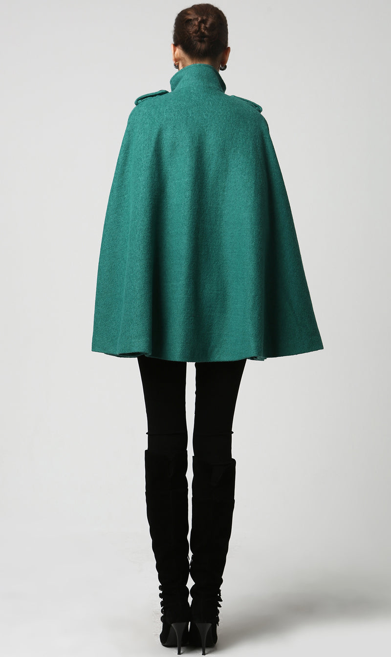 Green Wool Cape Coat for Women – Stand Collar Winter Cloak with Pockets, Xiaolizi 1129