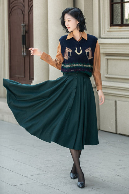 Dark Green Wool Midi Skirt - Flared A-Line with Elastic Waist 5311