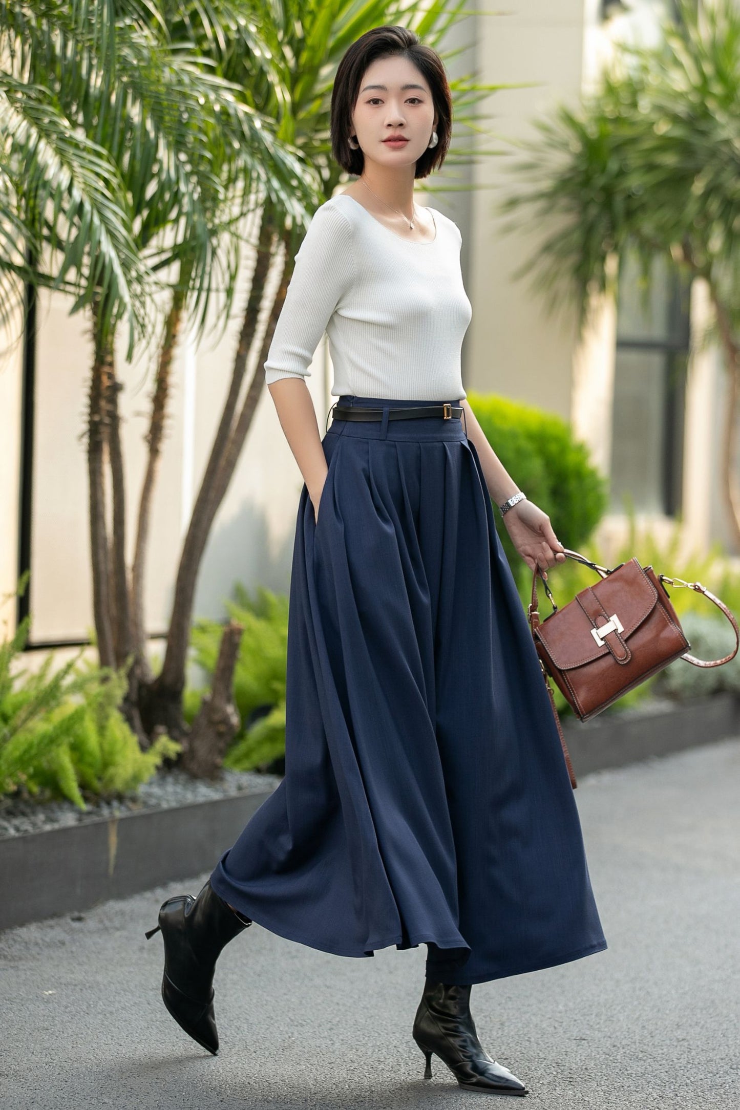 Navy Pleated Maxi Skirt – High Waist A-Line Work Skirt with Pockets 6663 -Size xs #CK2600017