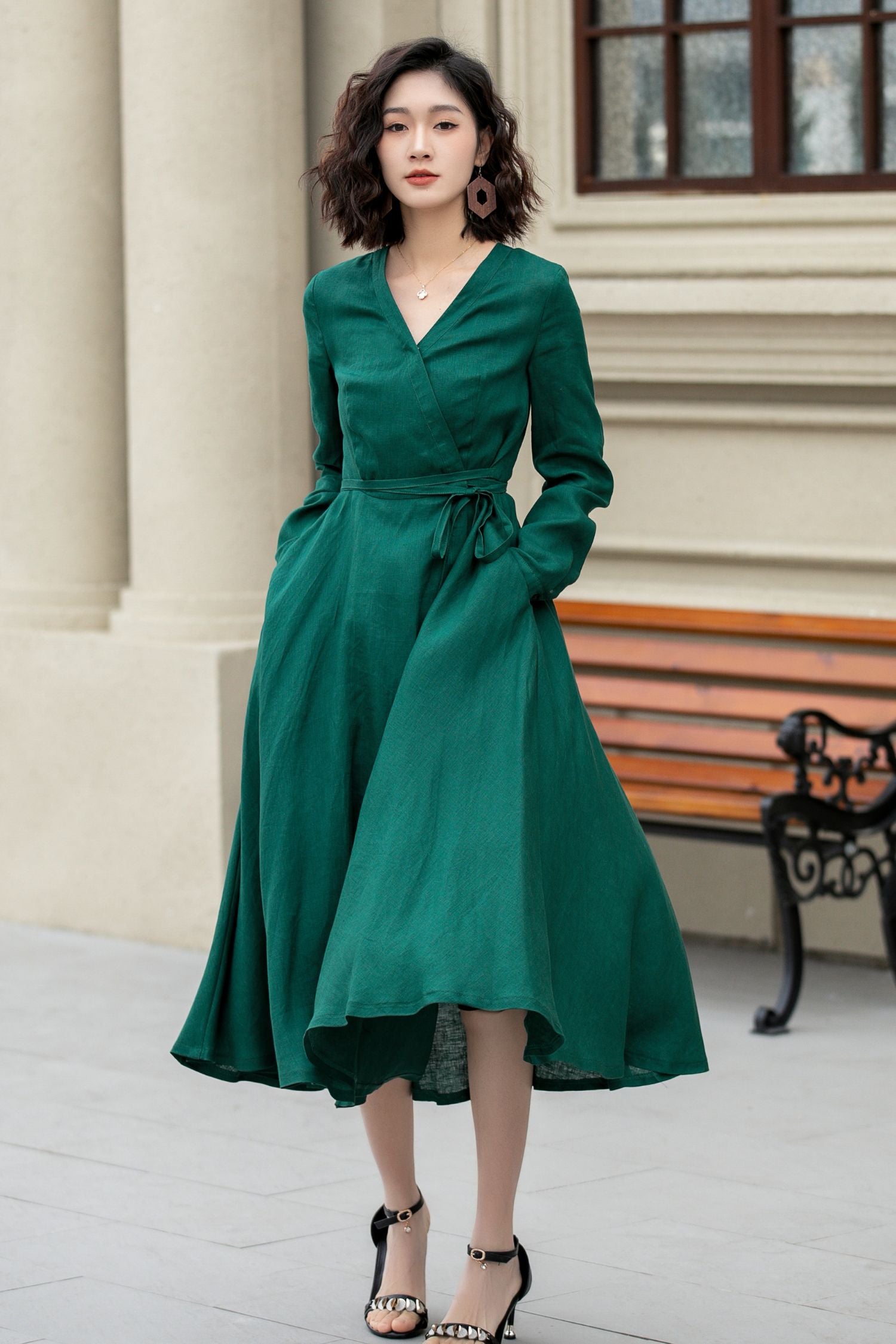 Green fit and flare spring wrap dress 4966 Green fit and flare spring wrap dress 4966