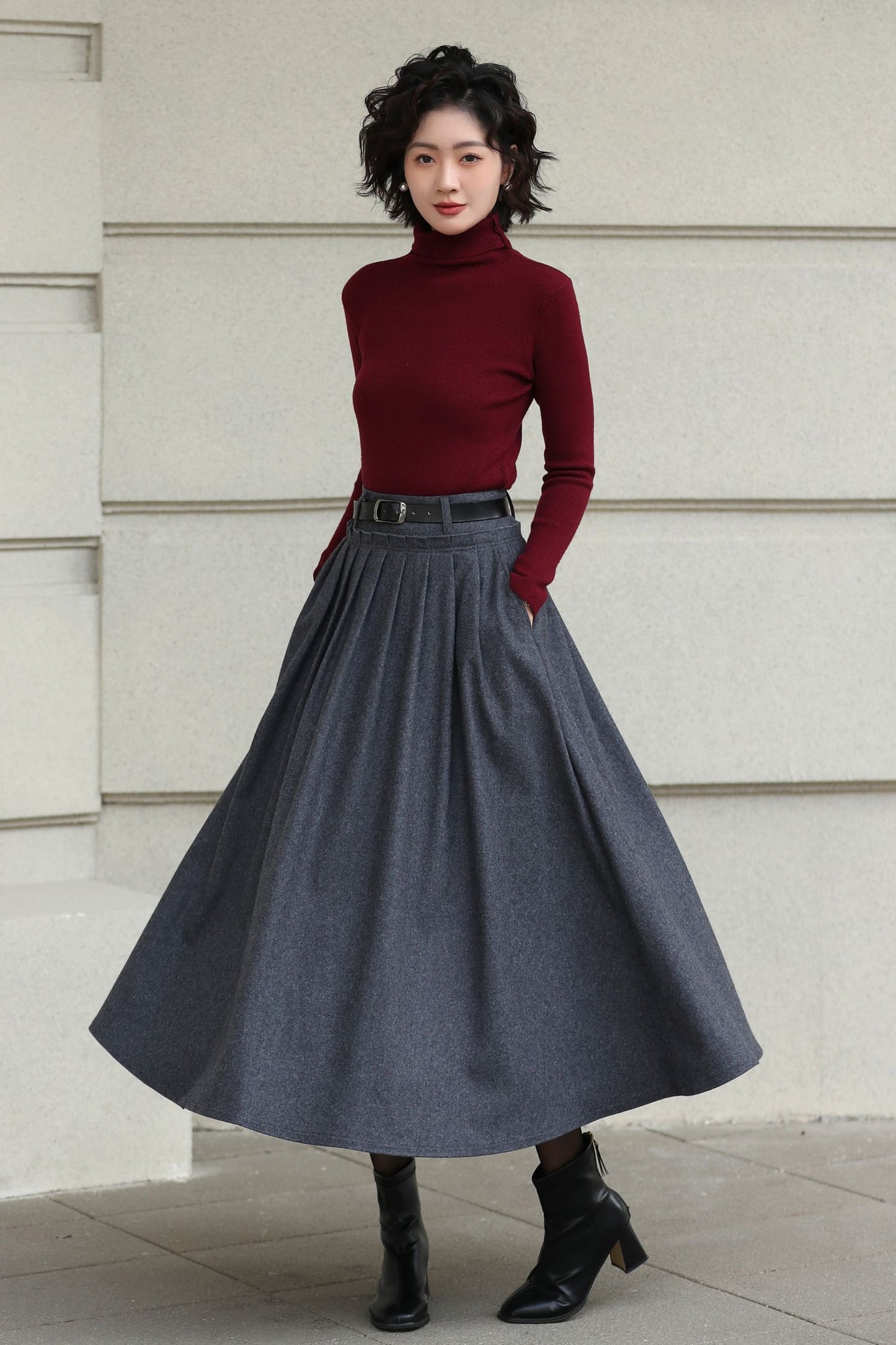 Handmade Vintage Wool Skirt – Gray Pleated A-Line Midi Skirt for Winter 6613