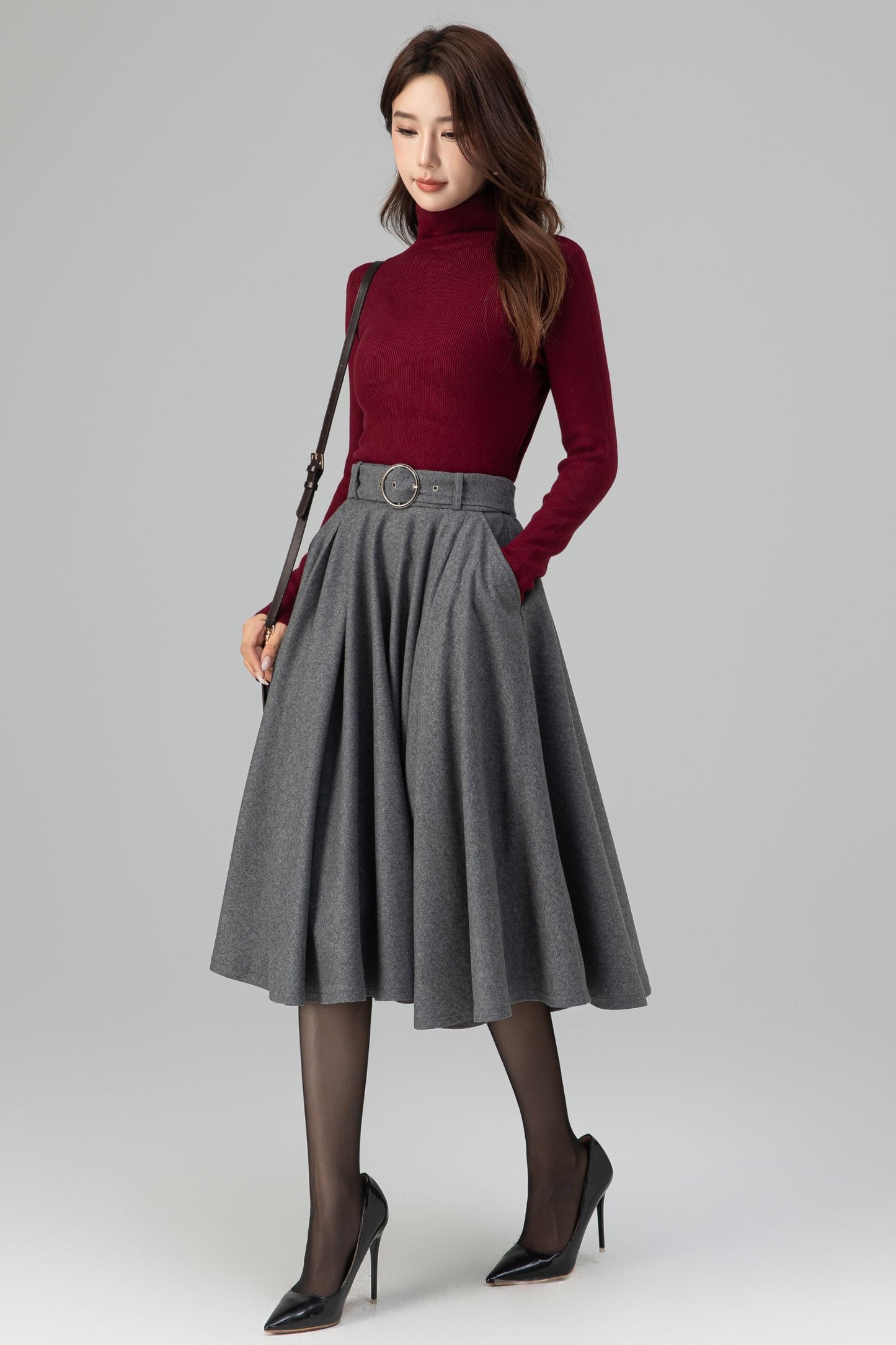 Grey Wool Midi Skirt – Handmade High Waist Vintage Pleated Skater Skirt 6398