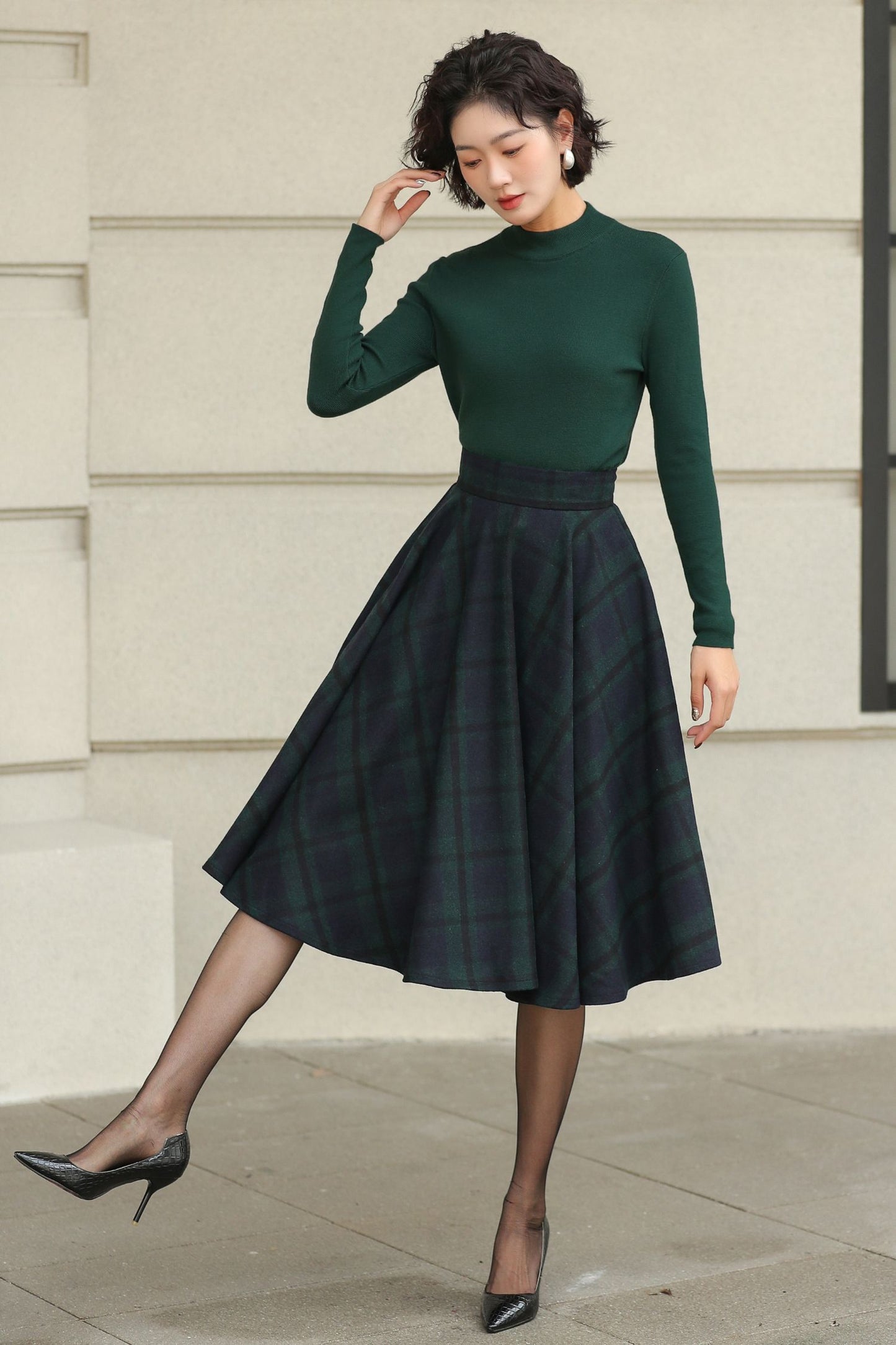 Knee length plaid winter wool skirt 6511