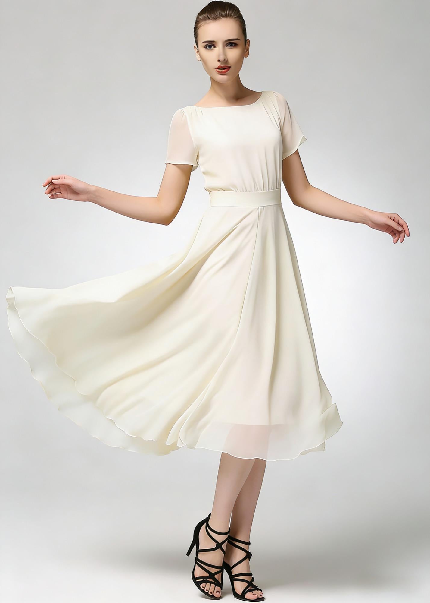 Beige Chiffon Midi Dress with Short Sleeves and Flowing Skirt | Xiaolizi 6782
