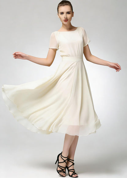 Beige Chiffon Midi Dress with Short Sleeves and Flowing Skirt | Xiaolizi 6782