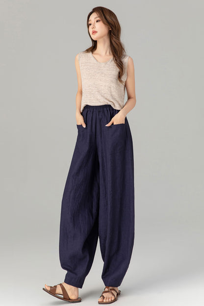 Navy Linen Cotton Wide Leg Pants - Lantern Silhouette with Pockets 4907
