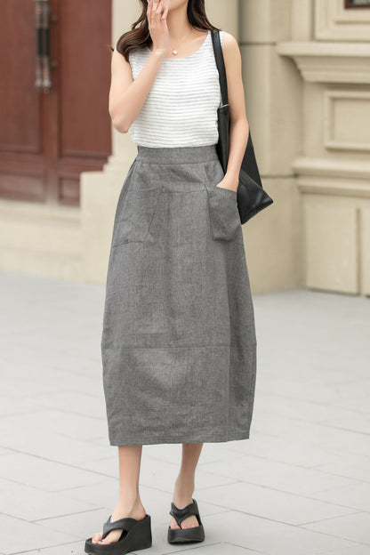Gray midi linen skirt with pockets 4945