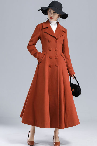Rust Brown Wool Coat – Vintage Double-Breasted Fit and Flare Overcoat 3233