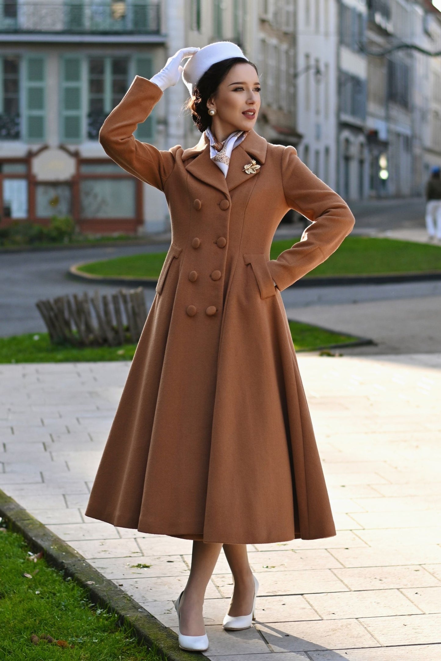 Camel Wool Maxi Coat – Vintage Double Breasted A-Line Winter Overcoat 6682