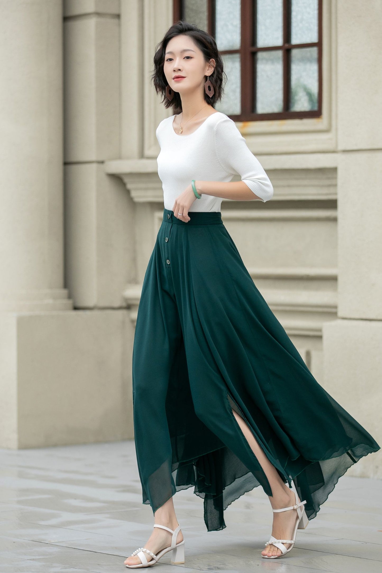 Maxi dark green summer chiffon skirt women 5220