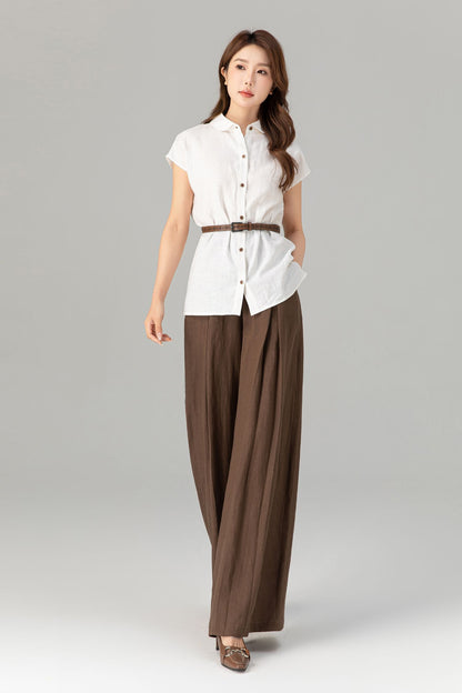 Brown Linen Wide Leg Pants - High Waisted Pleated Detail 4918
