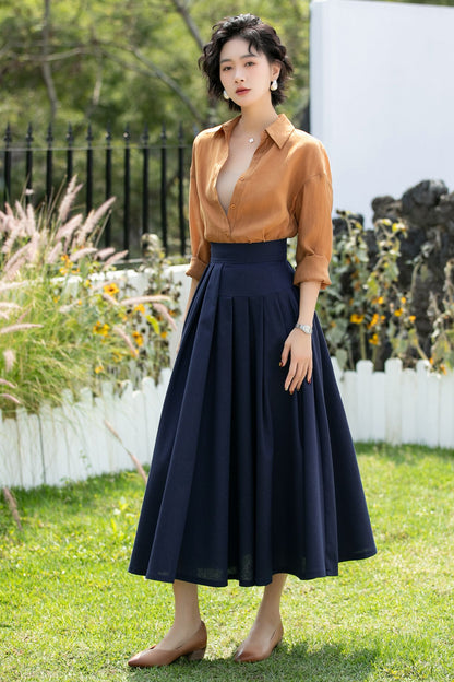 Deep Navy Linen Cotton Midi Skirt High Waist | Xiaolizi 6736- Size XS #CK2600283