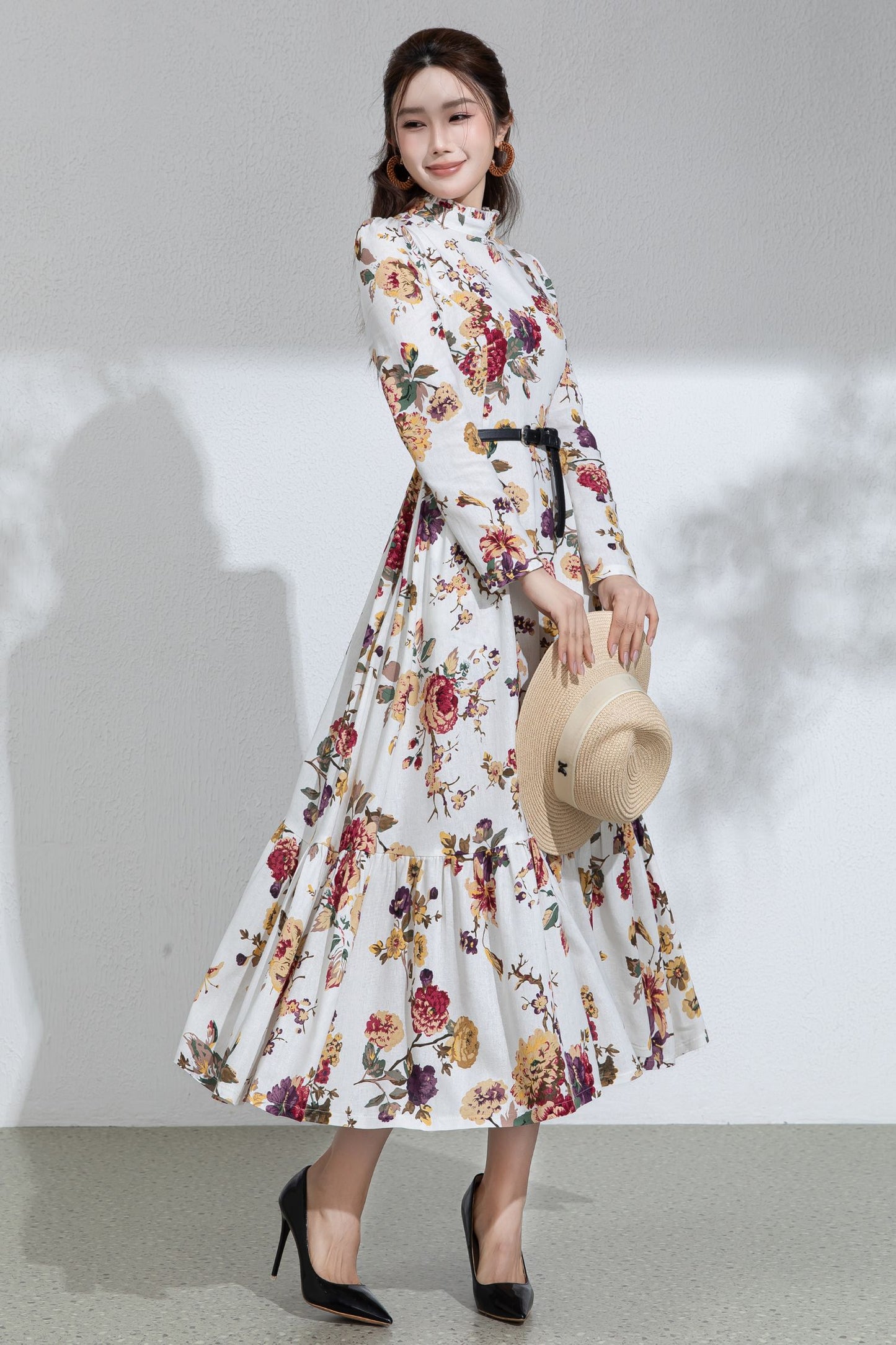 Floral Cotton Linen Maxi Dress: Ruffle High Neck Long Sleeve Dress 6713