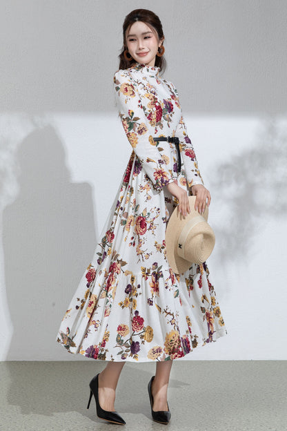 Floral Cotton Linen Maxi Dress: Ruffle High Neck Long Sleeve Dress 6713