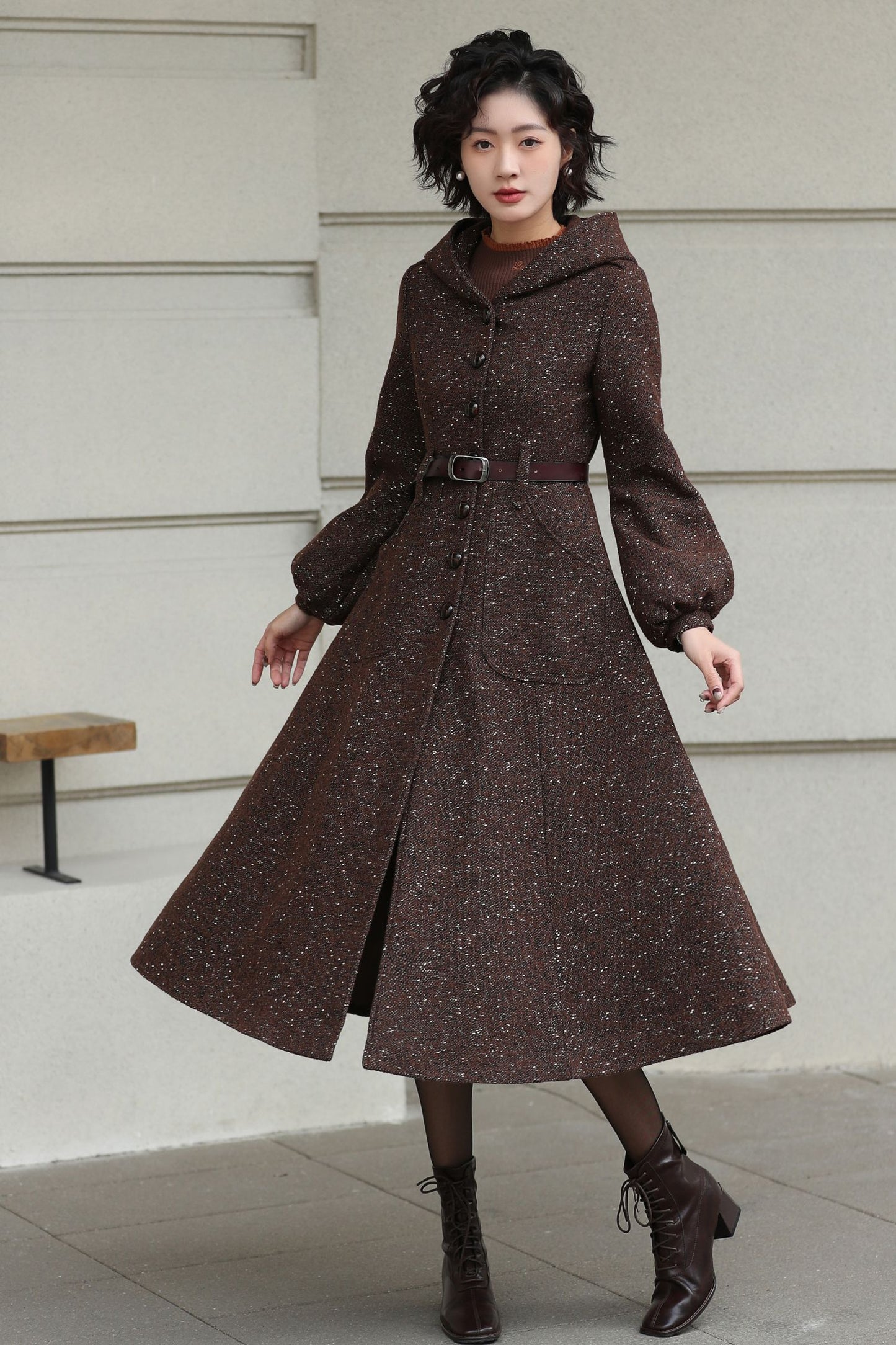 Xiaolizi Handmade Vintage Wool Coat – Brown Hooded Belted Swing Winter Coat 6610